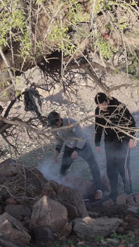Men Making Campfire Under Argan Trees, Ait Issafen, Morocco Stock-Footage 332771825