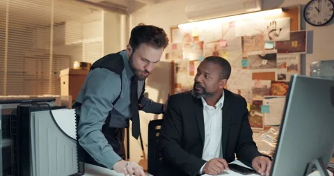 Men, map and night with private investigation on computer for lead, research or Stock-Footage 314794814