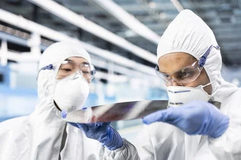 Men in microchip factory doing quality control on delicate electronic hardware Stock Photos