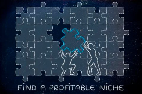 Men with missing piece to complete a puzzle, with text find a profitable nich Stock Illustration