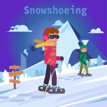 Men on mountain in snowshoes, flat vector illustration Stock Illustration