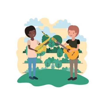 Men with musical instruments in landscape Stock Illustration