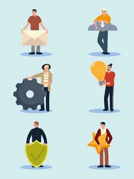 Men with objects such as envelope gear bulb and star 스톡 일러스트