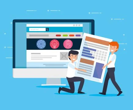 Men with office document and computer website strategy Stock Illustration