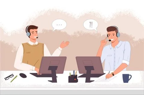 Men operators call center ot hotline at computer chat with client online Stock Illustration
