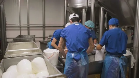 Men pack ready cottage cheese Stock Footage 161510344