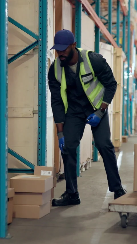 Men, packing or boxes on trolley in warehouse for distribution, shipping or Stock Footage 340627939