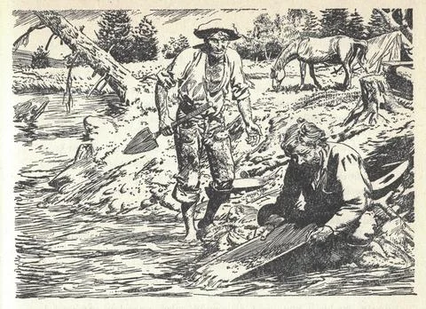 Men pan for gold in the river. Gold Diggers and the Gold Rush. Old black an.. Illustrazione stock