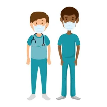 Men paramedics using face mask isolated icon Illustrazione stock