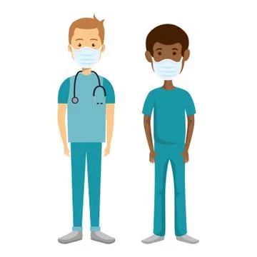 Men paramedics using face mask isolated icon Illustrazione stock