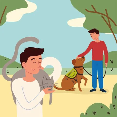Men in the park with pets Stock Illustration