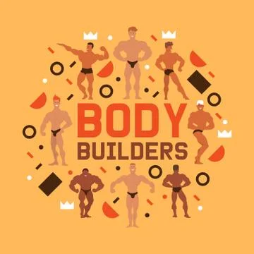 Men physics banner vector illustration. Muscle bodybuilder men flexing his Stock Illustration