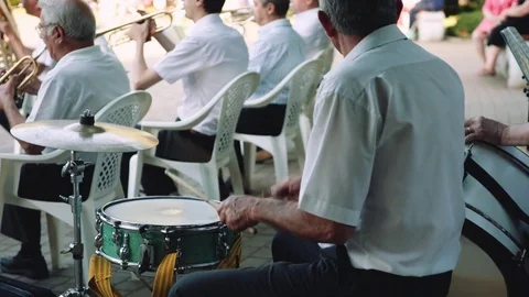 Men play musical instruments in the orchestra in the park on summer day 스톡 동영상 76891600
