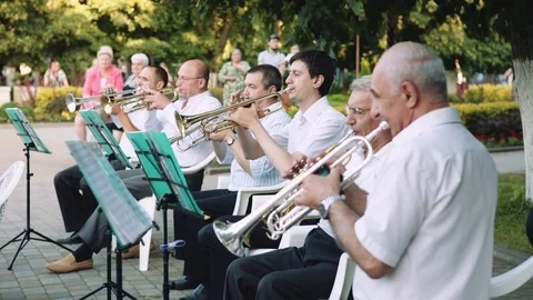 Men play musical instruments in the orchestra in the park on summer day 库存影片 76891798