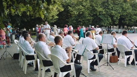 Men play musical instruments in the orchestra in the park on summer day Stock Footage 76891840
