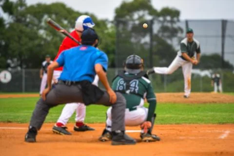 Men playing baseball game. Batter getting ready to hit a pitch during ballg.. Stock Photos