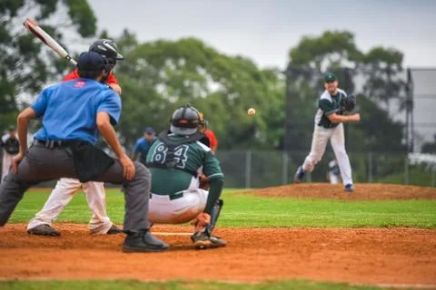 Men playing baseball game. Batter getting ready to hit a pitch during ballg.. Stock Photos