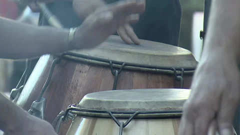 Men Playing Conga Drums during a Celebration on the Streets in Argentina. Stock Footage 231792913