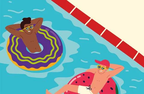 Men in pool with inflatable rings Stock Illustration