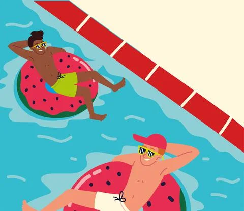 Men in pool with inflatable rings Stock Illustration