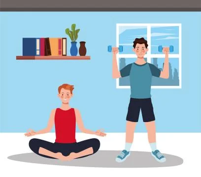 Men practicing exercise in the house Stock Illustration