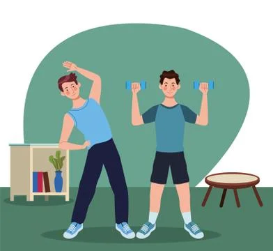 Men practicing exercise in the house Stock Illustration