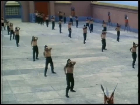 Men practicing martial arts in large courtyard Stock Footage 11355155