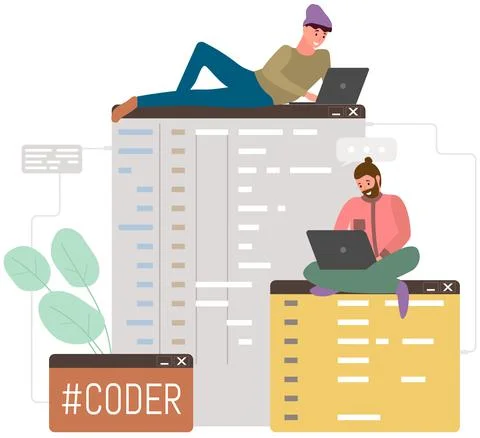 Men programmers with and laptops. Programming or coding, digital technology to Stock-Illustration