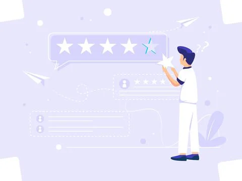 Men provide feedback to clients. Vector illustration of a feedback concept. Stock Illustration