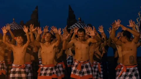 Men Put Hands In Air And Move Performing Kecak Dance, Bali Vídeos de archivo 261797264
