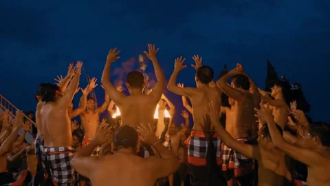 Men Put Hands In Air And Move Performing Kecak Dance, Bali Video stock 261797366
