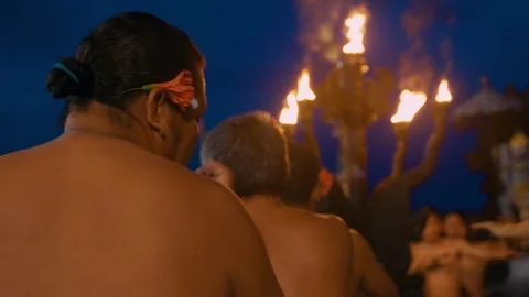 Men Put Hands In Air And Move Performing Kecak Dance, Bali Vídeos de archivo 261797677
