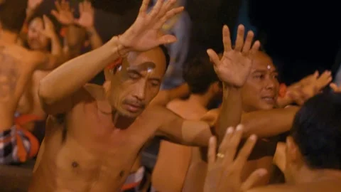 Men Put Hands In Air And Move Performing Kecak Dance, Bali Video stock 261802652