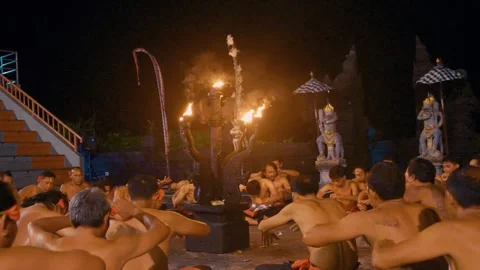 Men Put Hands In Air And Move Performing Kecak Dance, Bali Video stock 261804328
