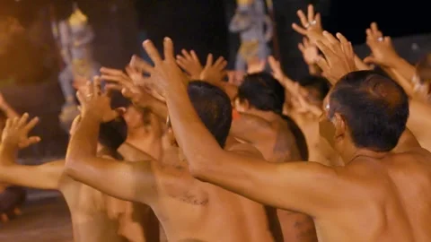 Men Put Hands In Air And Move Performing Kecak Dance, Bali Video stock 261806643