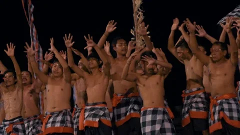 Men Put Hands In Air And Move Performing Kecak Dance, Bali Vídeos de archivo 261851048
