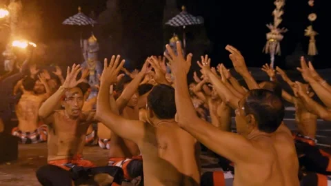 Men Put Hands In Air And Move Performing Kecak Dance, Bali Video stock 261856540
