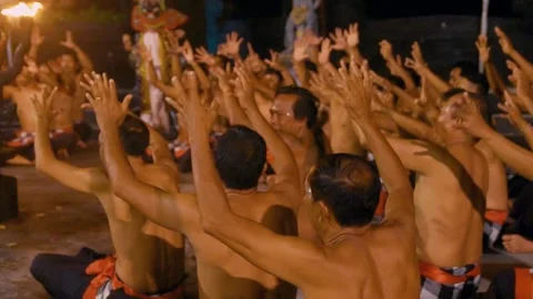 Men Put Hands In Air And Move Performing Kecak Dance, Bali 動画素材 261856832