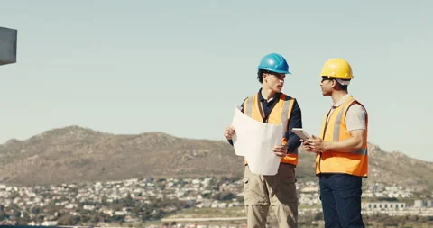 Men, quality control and inspection on construction site with tablet, discussion Stock Footage 345644210