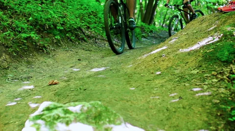 Men racing on bikes in forest, closeup, steadycam  slow motion shot at 240fps Vídeos de archivo 39791810
