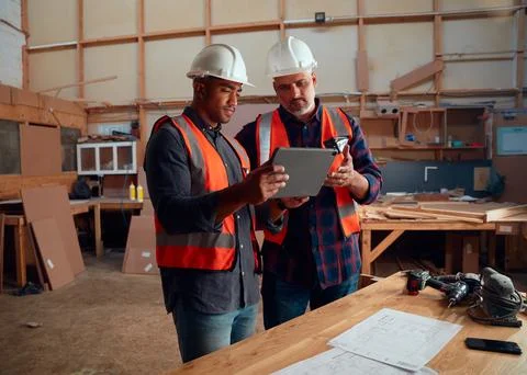 Men in reflective vest looking at digital tablet near power tools and paper in Stock Photos