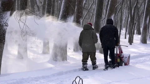 Men remove snow in the park with a snow blower Stock Footage 159439224