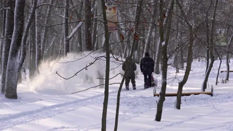 Men remove snow in the park with a snow blower Stock Footage 159439442