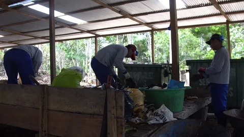 Men in respirators sort garbage. shovels scoop up waste. plastic products Stock Footage 127368904