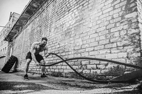 Men with rope, functional training Stock Photos