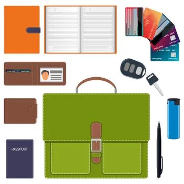 Men s briefcase and its contents. Men s bag and a common set of objects carry Stock Illustration