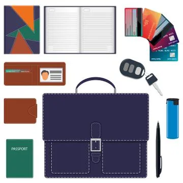 Men s briefcase and its contents. Men s bag and a common set of objects carry Stock Illustration