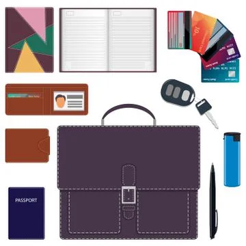 Men s briefcase and its contents. Men s bag and a common set of objects carry Illustrazione stock