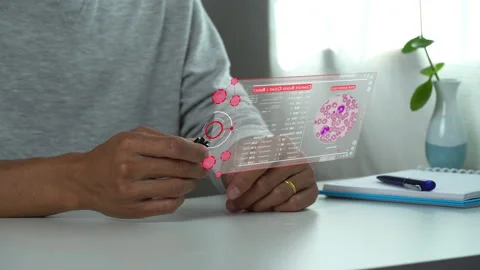 A men self blood testing for analysis , show result with data hologram. Stock Footage 220901699