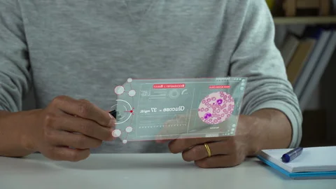 A men self blood testing for analysis , show result with data hologram. Stock Footage 222860885